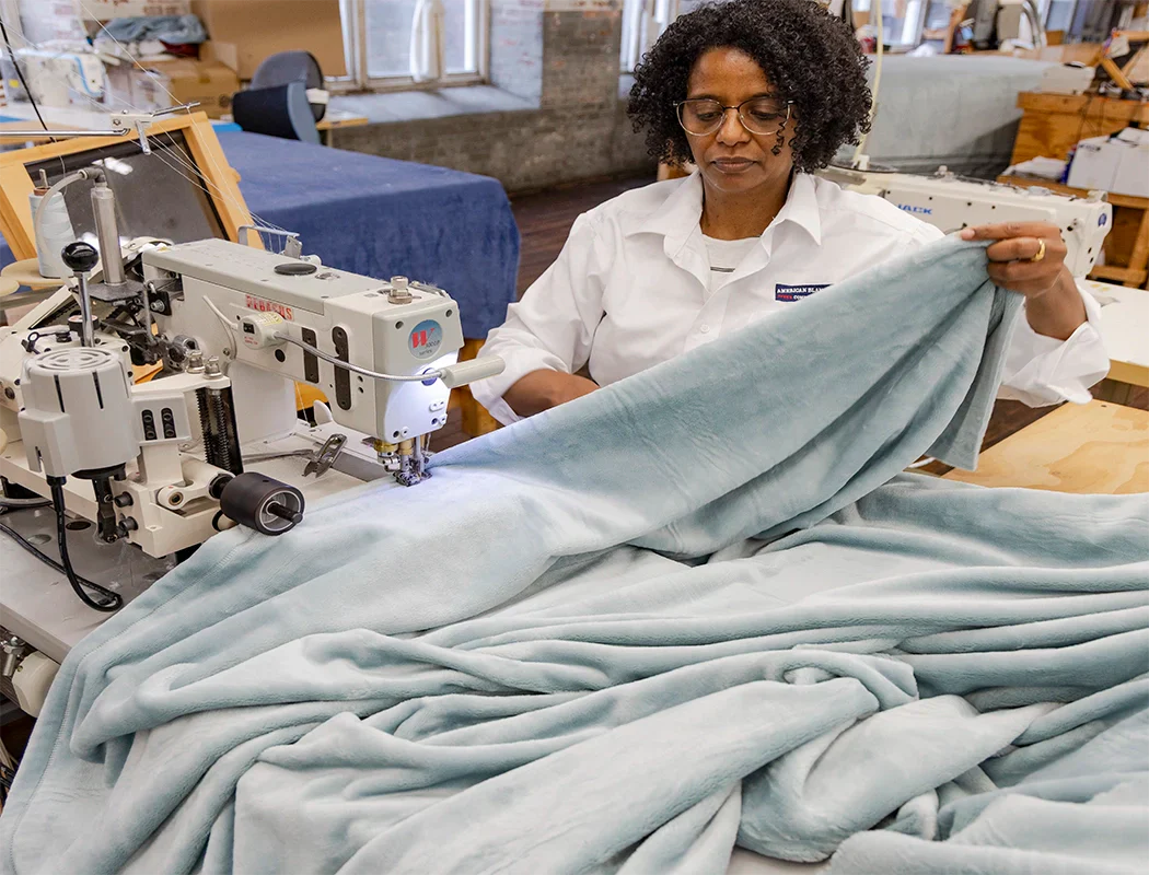 Sewing a Luster Loft fleece blanket in Buxton Blue at American Blanket Company