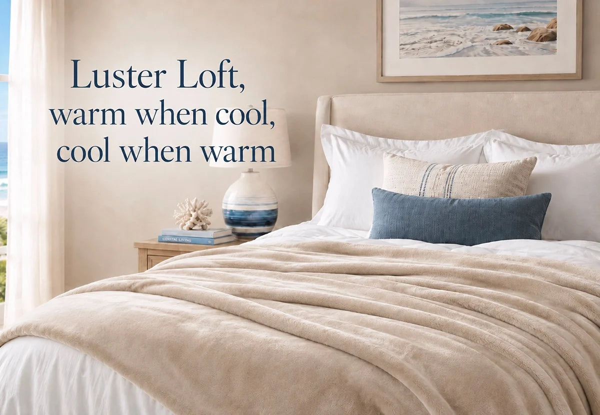 Luster Loft Fleece Blanket in the latte color, laid over a bed with the text "Luster Loft, warm when cool, cool when warm", at American Blanket Company.