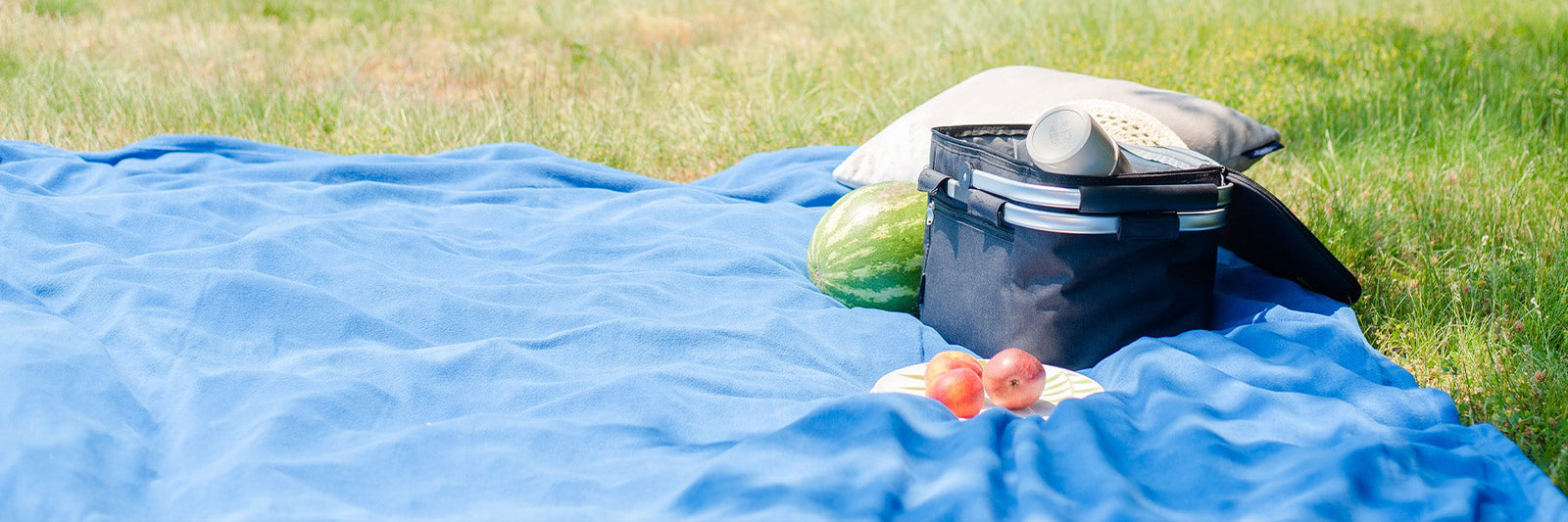 American Blanket Company - Fleece Blanket laid out for a picnic with a cooler and watermelon ready for spring.