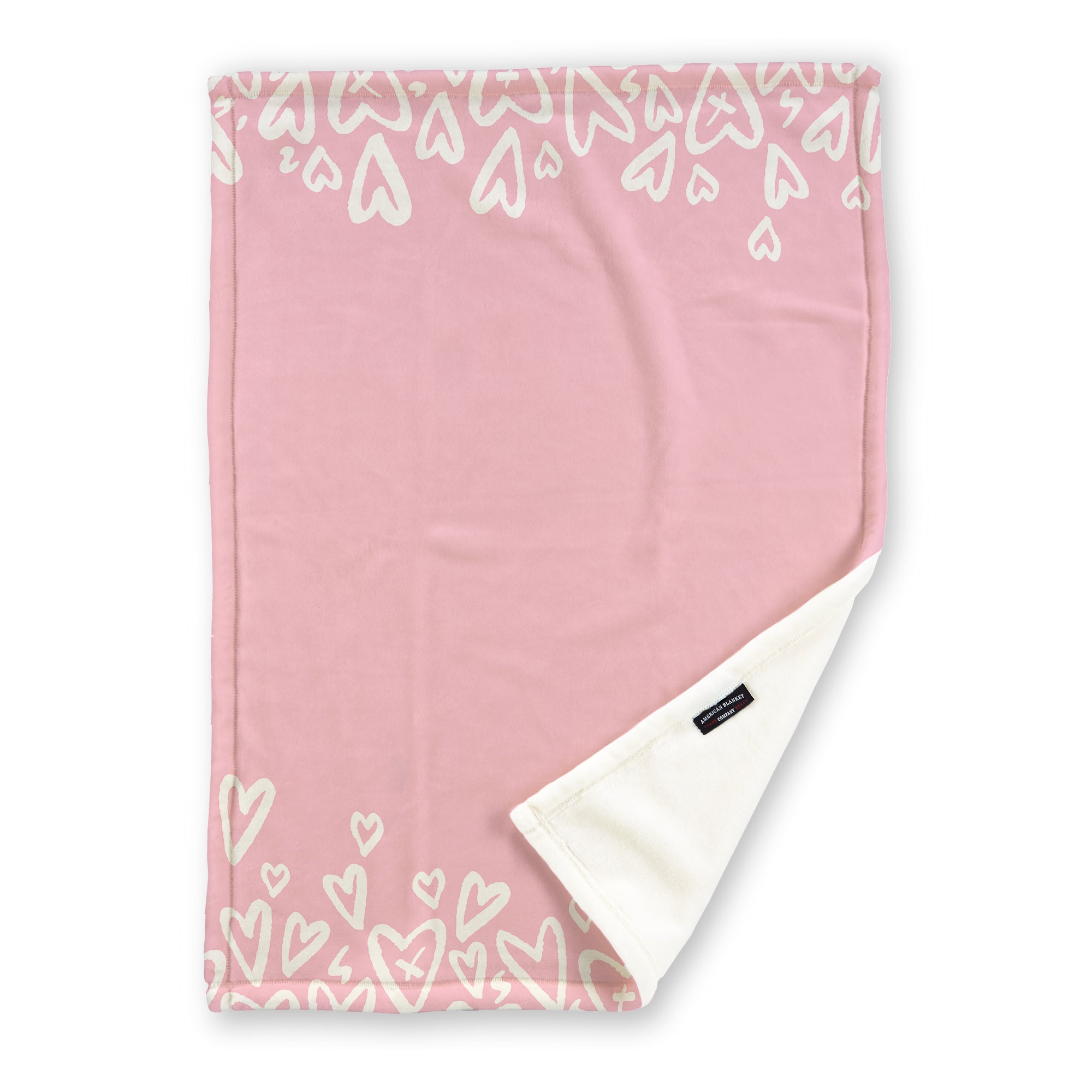American Blanket Company - Luster Loft Fleece Printed Throw Blanket - hearts on top and bottom pink and white print