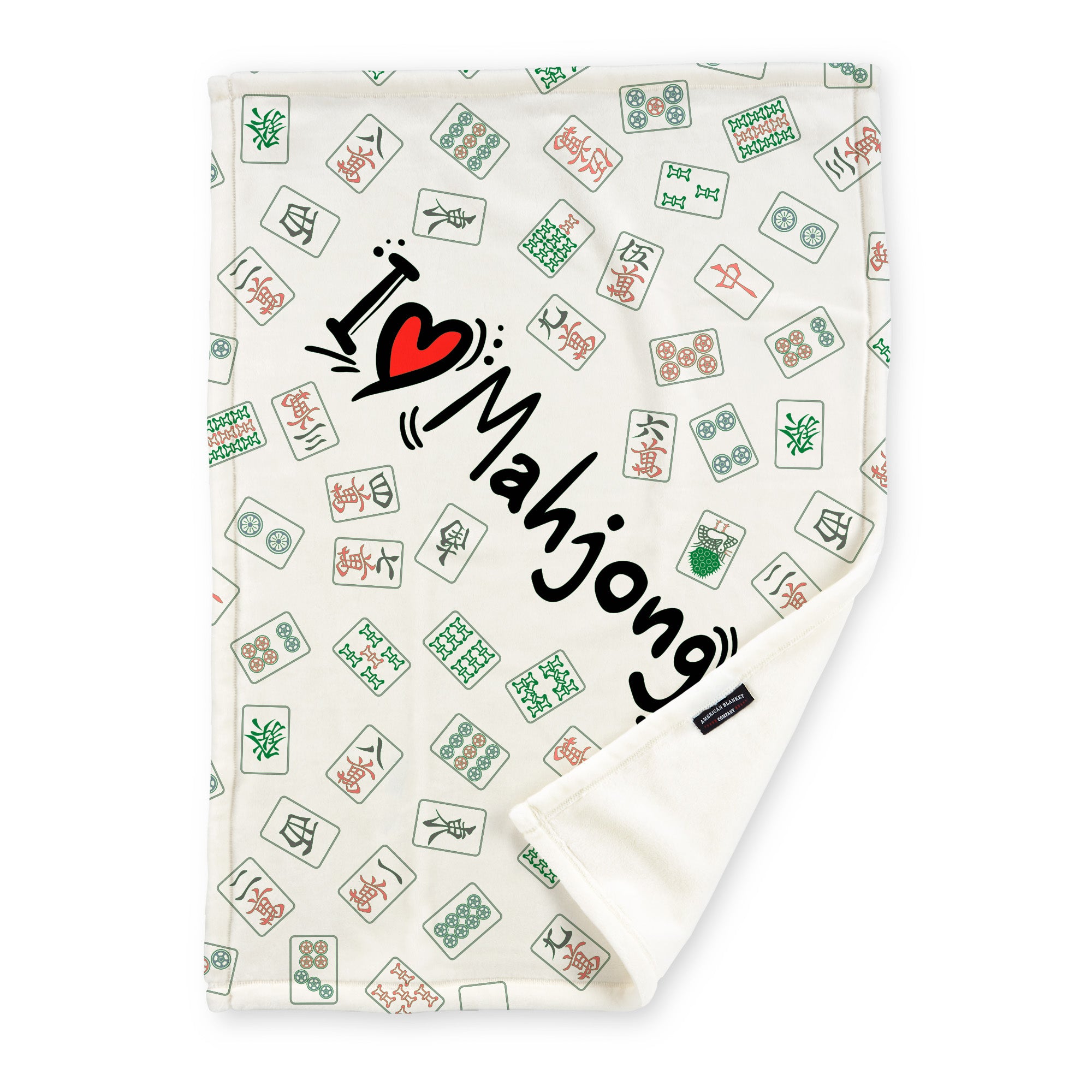 American Blanket Company - Fleece Mahjong Blanket with an assortment of tiles and the phrase 'I <3 Mahjong'.