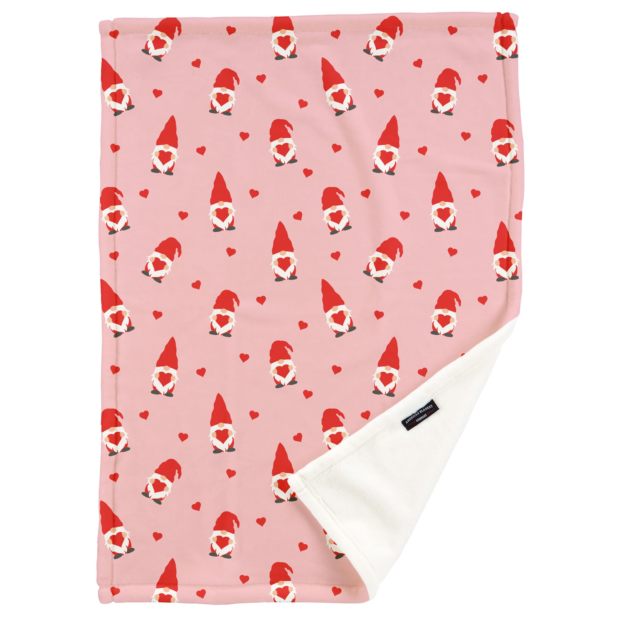American Blanket Company - Luster Loft Fleece Printed Throw Blanket - heart gnomes in red print