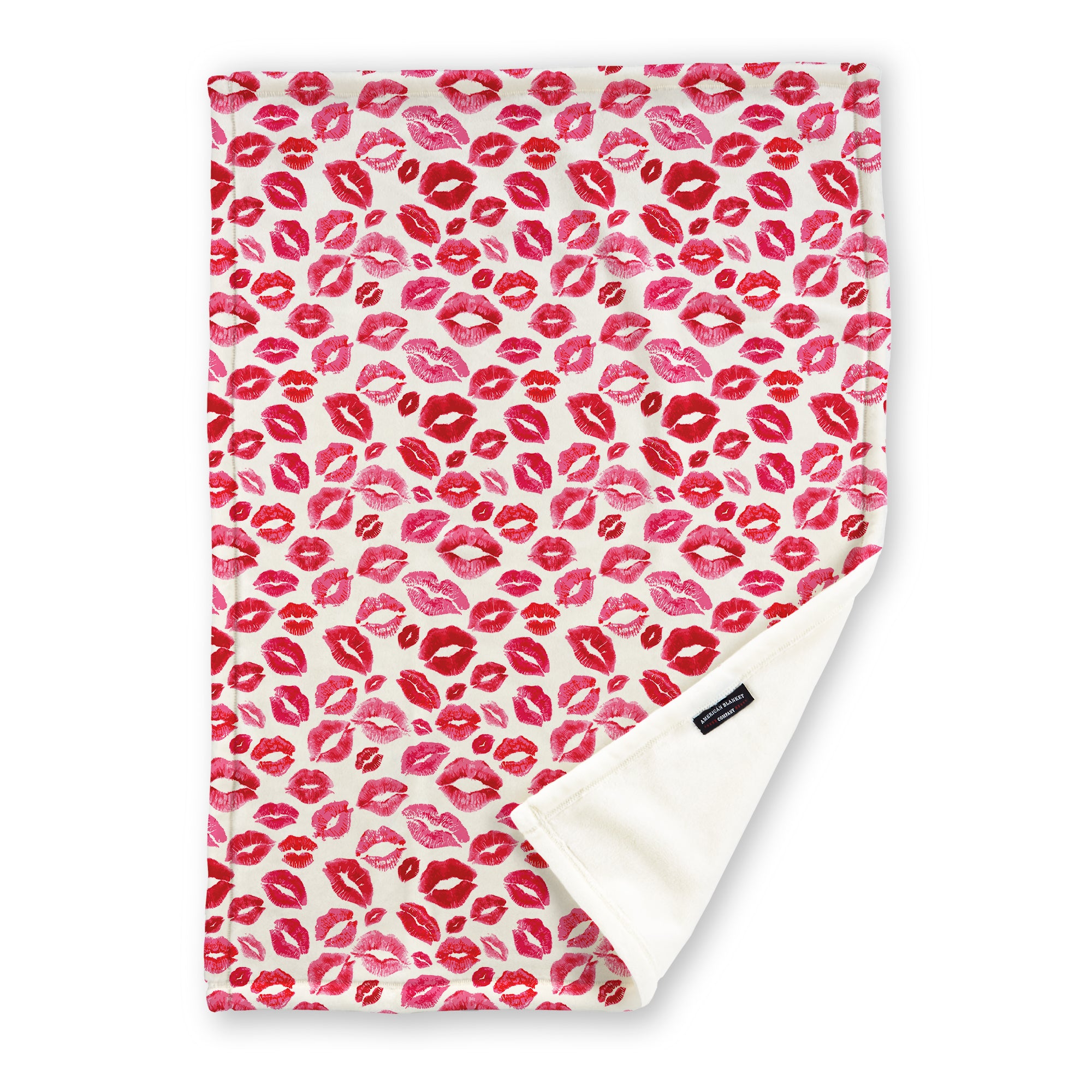 American Blanket Company - Luster Loft Fleece Printed Throw Blanket - red lipstick kisses print