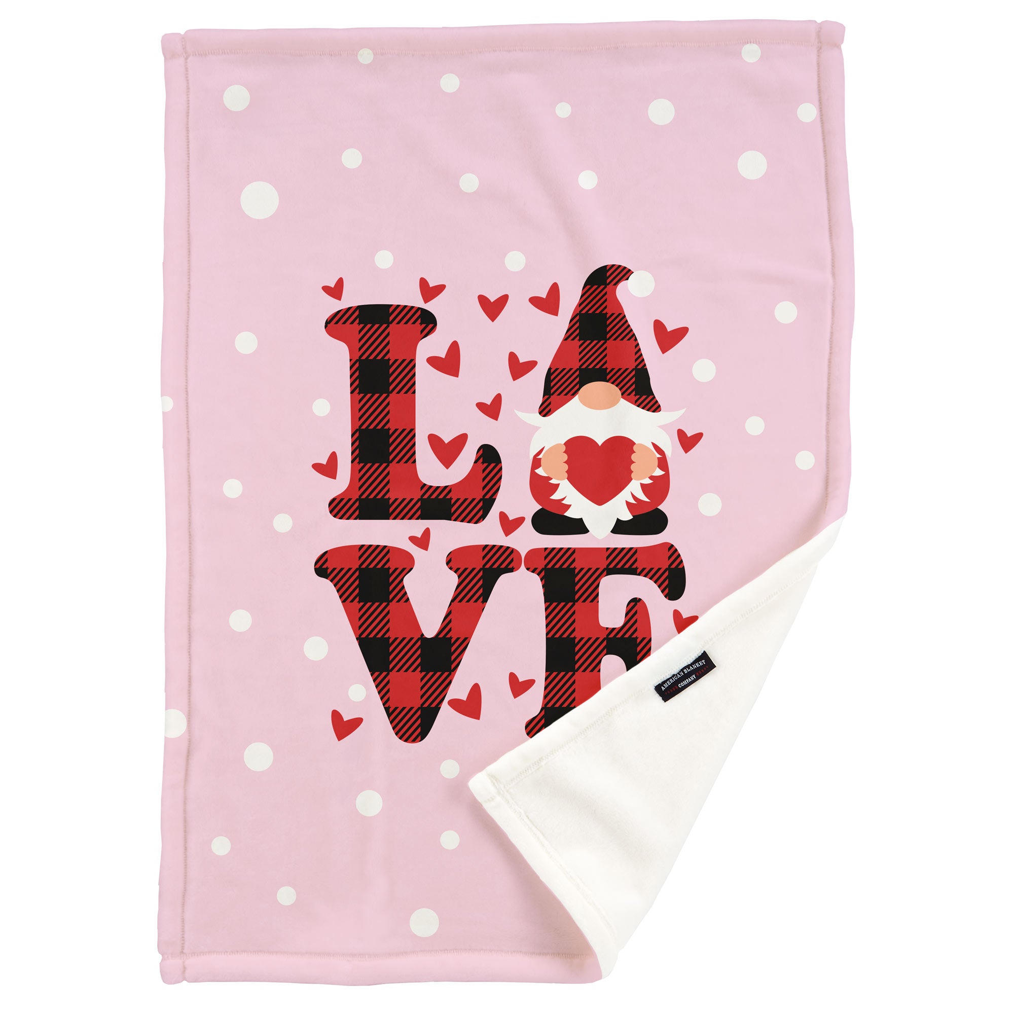 American Blanket Company - Luster Loft Fleece Printed Throw Blanket - Pink red love graphic with gnome