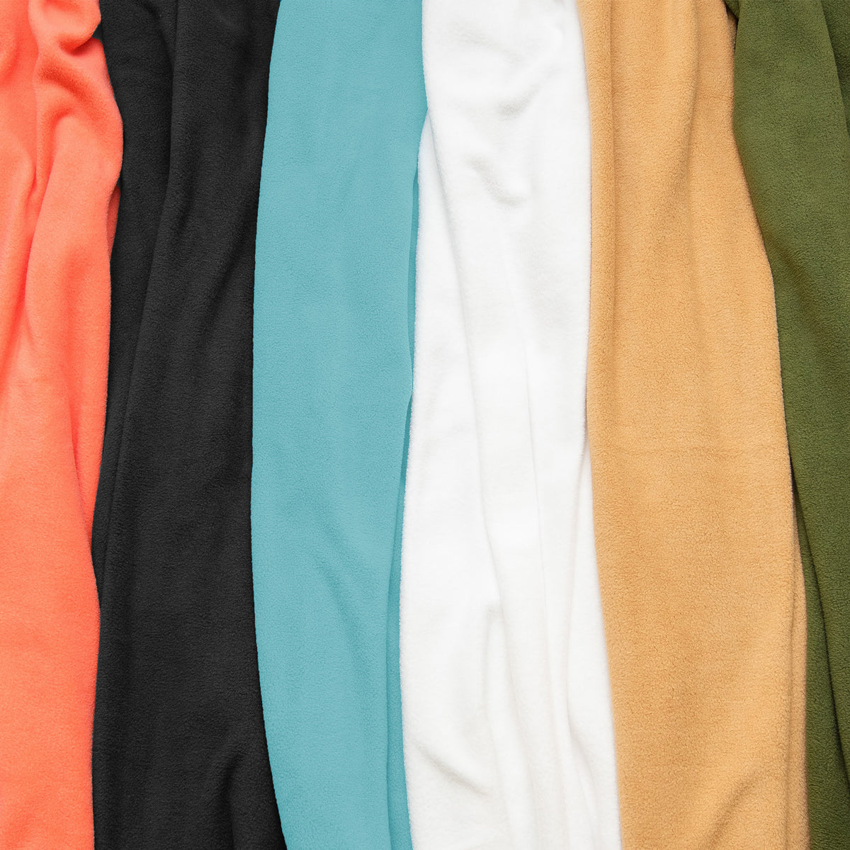 Tangerine, Black, light blue, brown, and olive fleece colors