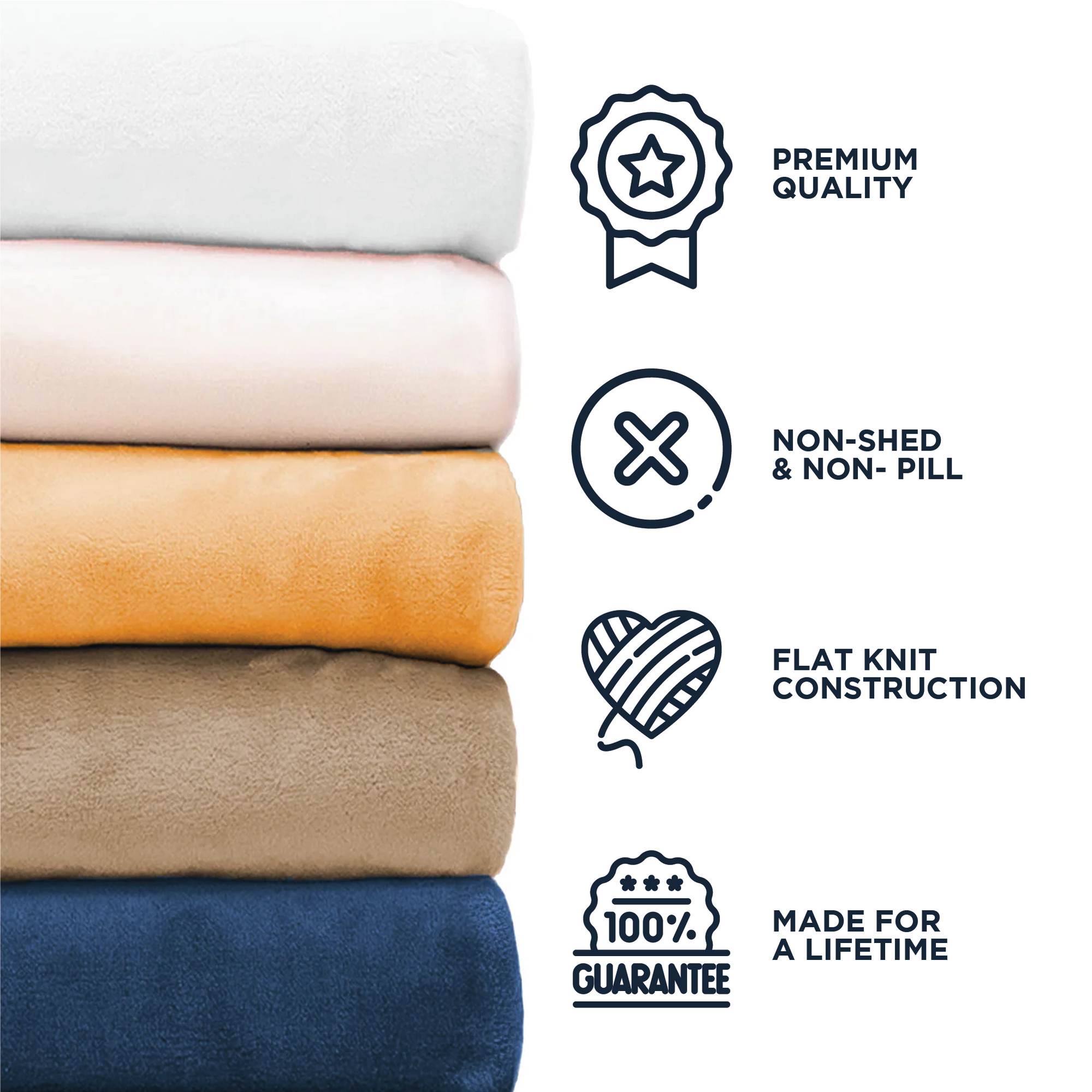 American Blanket Company - Luster Loft Fleece Oversized Blankets - Infographic PREMIUM QUALITY
NON-SHED
& NON- PILL
FLAT KNIT
CONSTRUCTION
MADE FOR A LIFETIME