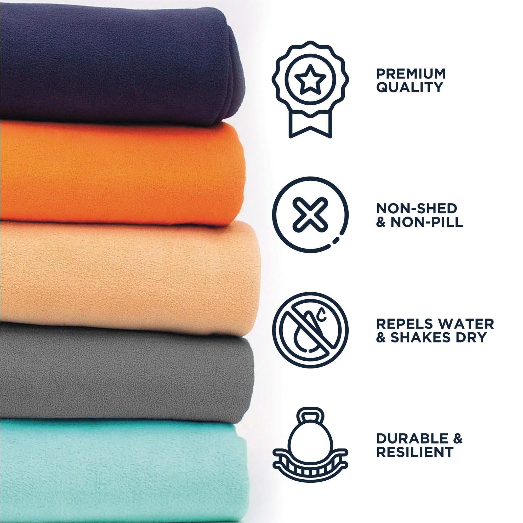 American Blanket Company - Peaceful Touch Fleece Blankets - info graphic stating premium quality, non-shedding and non-pilling, repels water and shakes dry, durable and resilient.