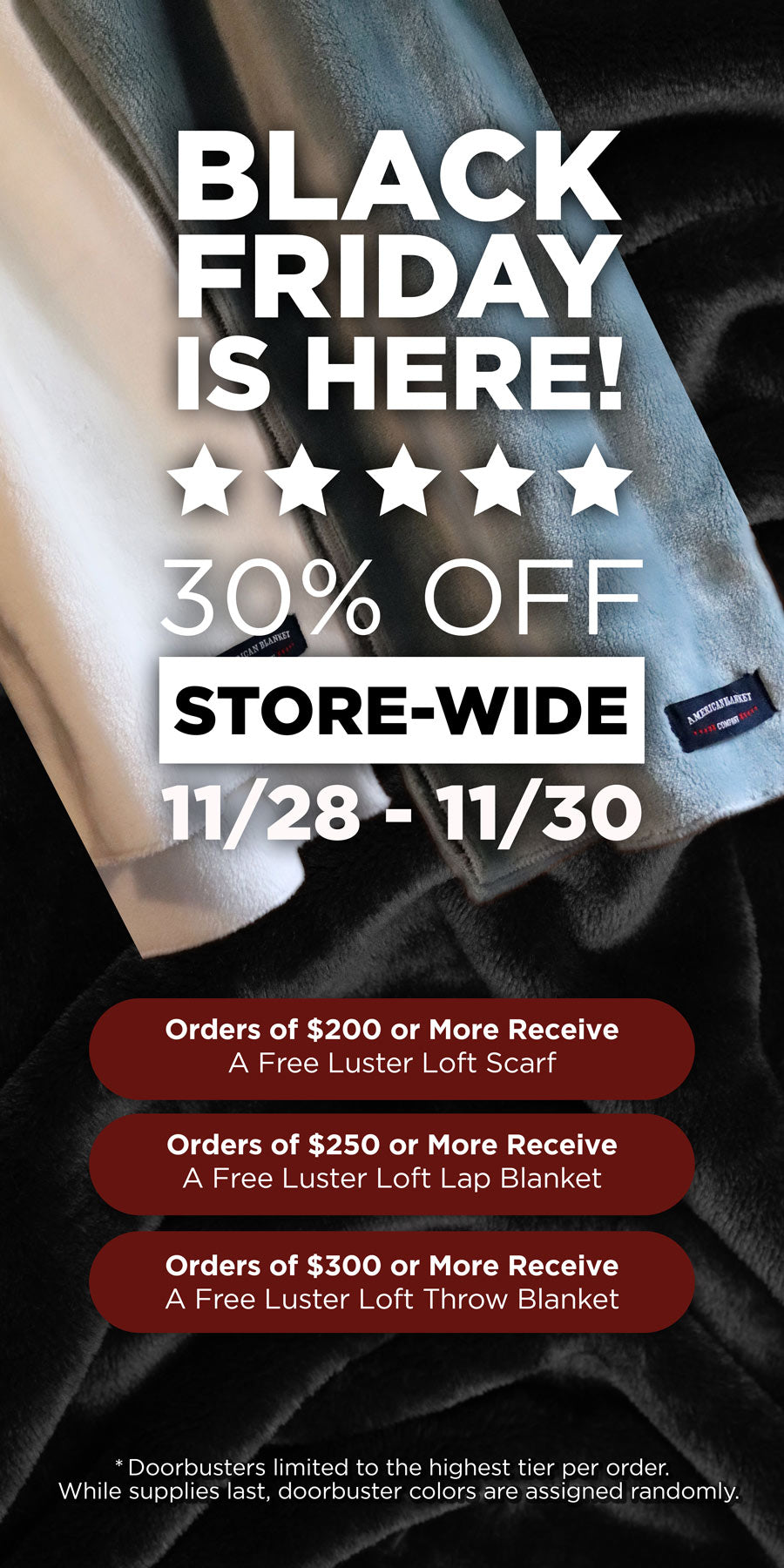 Black Friday sale advertisement with store-wide discount and free product offers.