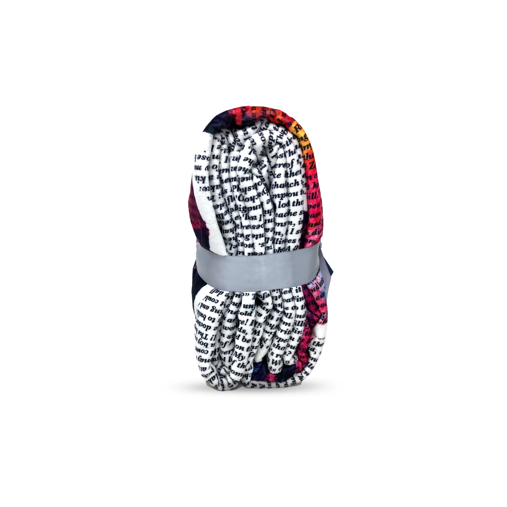 American Blanket Company - Butterfly Printed inspirational poem blanket - Folded detail shot of the vibrant butterfly blanket, tied with a ribbon and a hangtag.