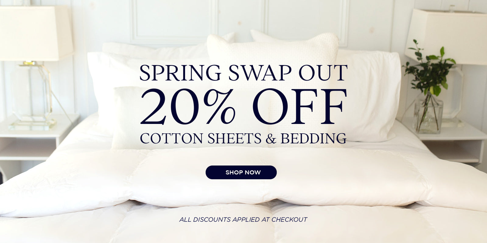 American Blanket Company - Promotional banner for 20% off cotton sheets and bedding with a bed in the background.