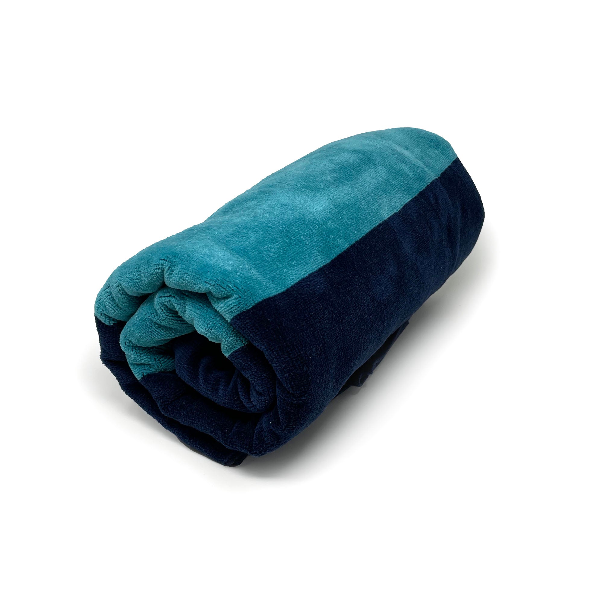 American Blanket Company - Rugby Stripe Cotton Beach Towels - Blue and Cyan rolled Rugby Striped Towel on a white background.