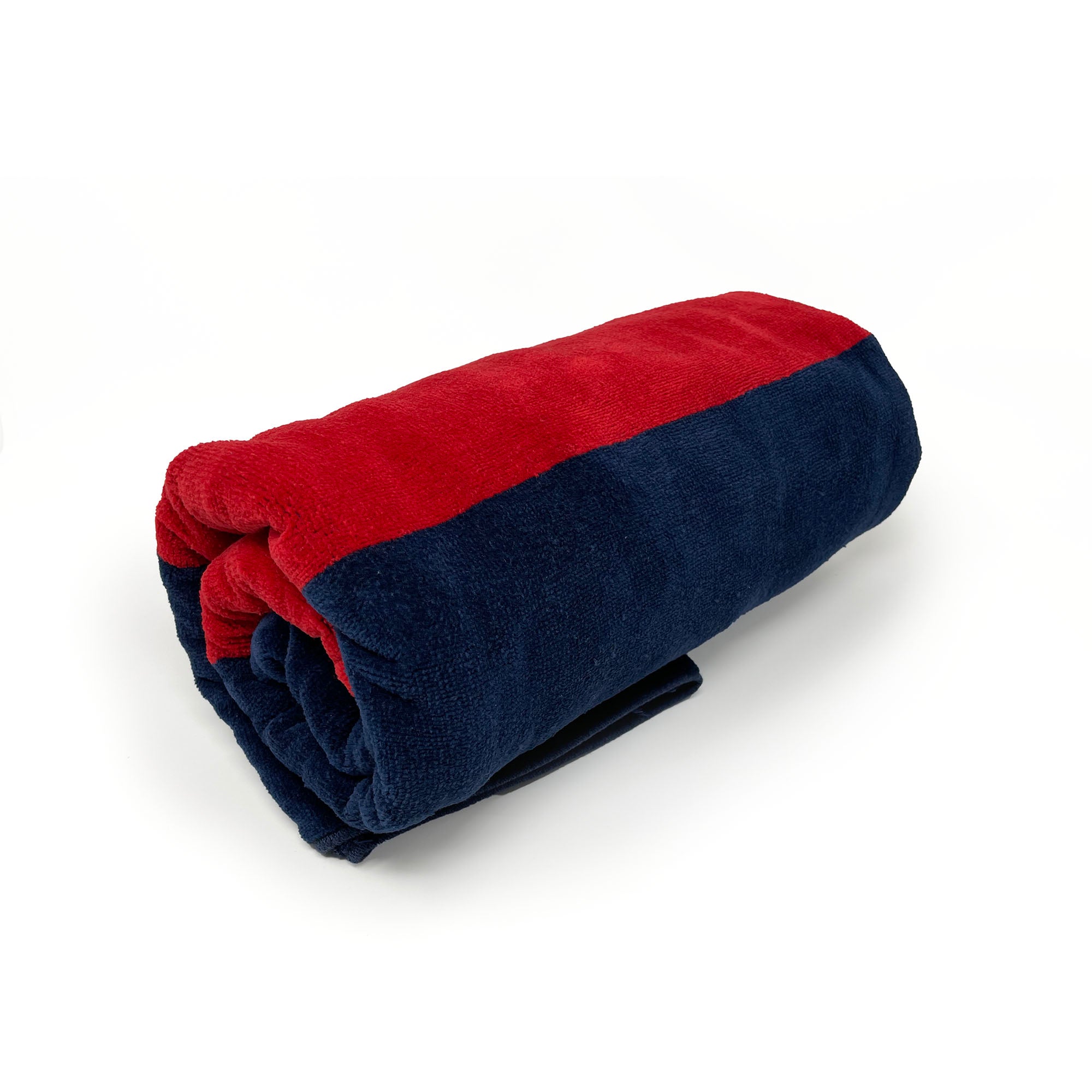 American Blanket Company - Rugby Stripe Cotton Beach Towels - Blue and red rolled Rugby Striped Towel on a white background.