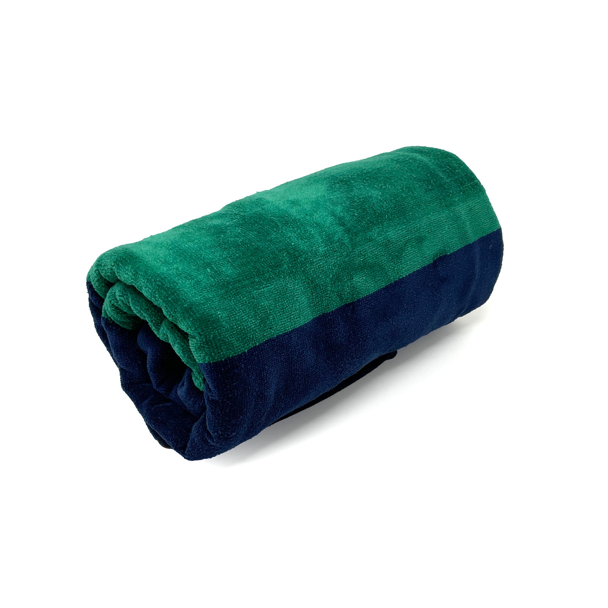 American Blanket Company - Rugby Stripe Cotton Beach Towels - Blue and Green rolled Rugby Striped Towel on a white background.