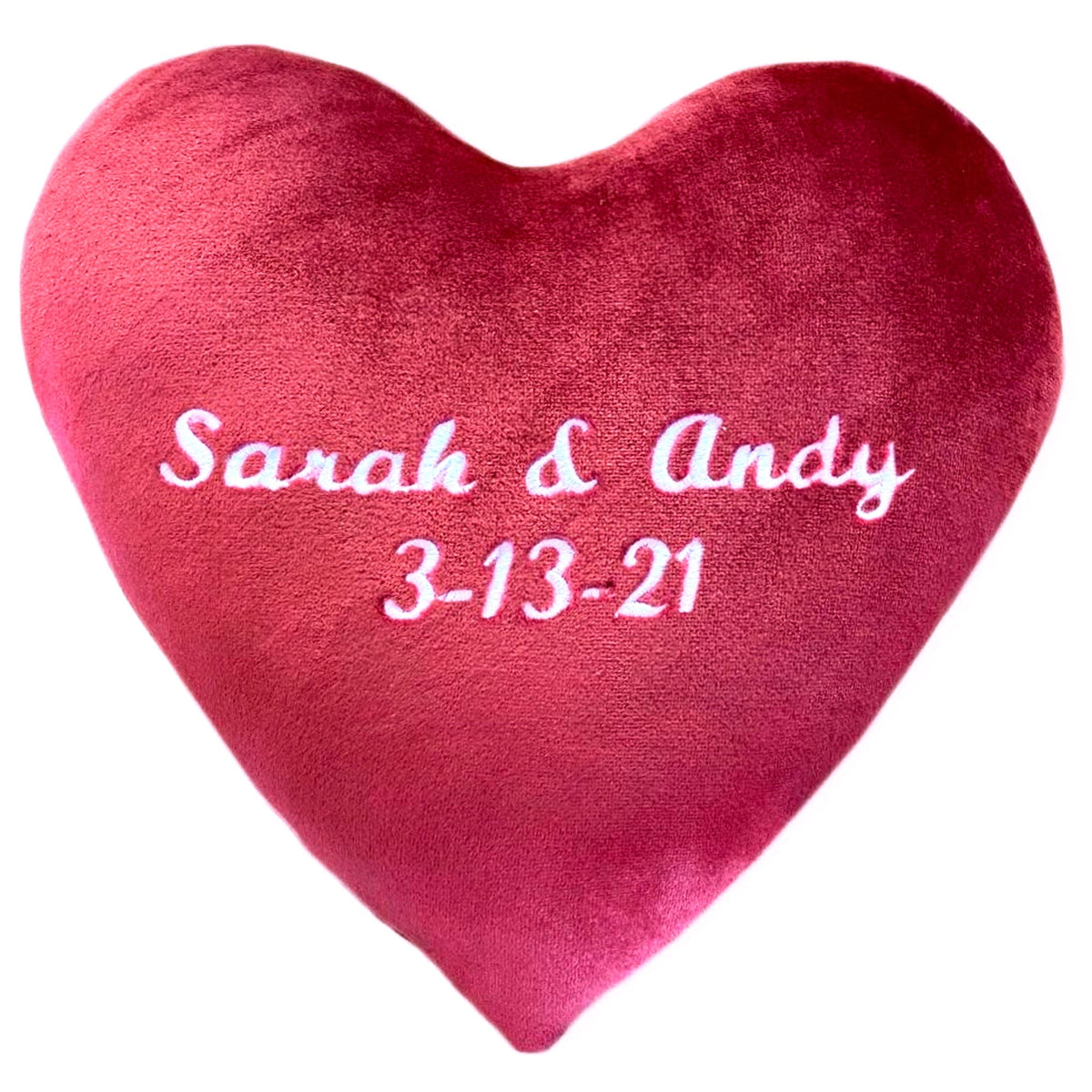 &quot;Sarah &amp; Andy 3-13-21&quot; Embroidered red heart pillow - luster loft fleece heart pillow - Luster Loft Fleece - American Blanket Company