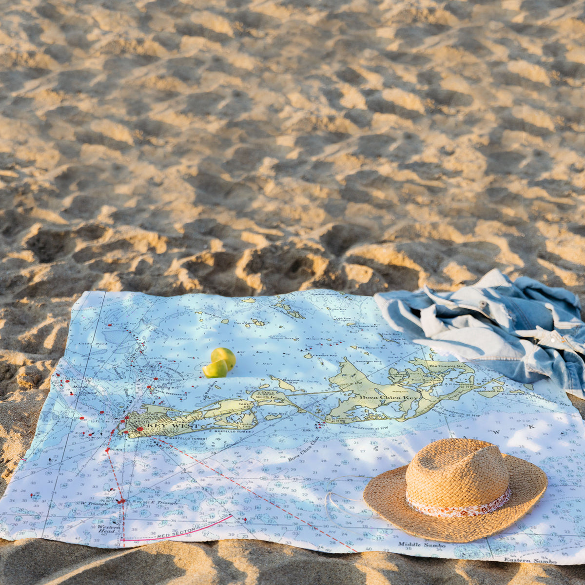 Key West  Map Blanket On The Beach - Florida - Printed Nautical Map Fleece Blanket - American Blanket Company