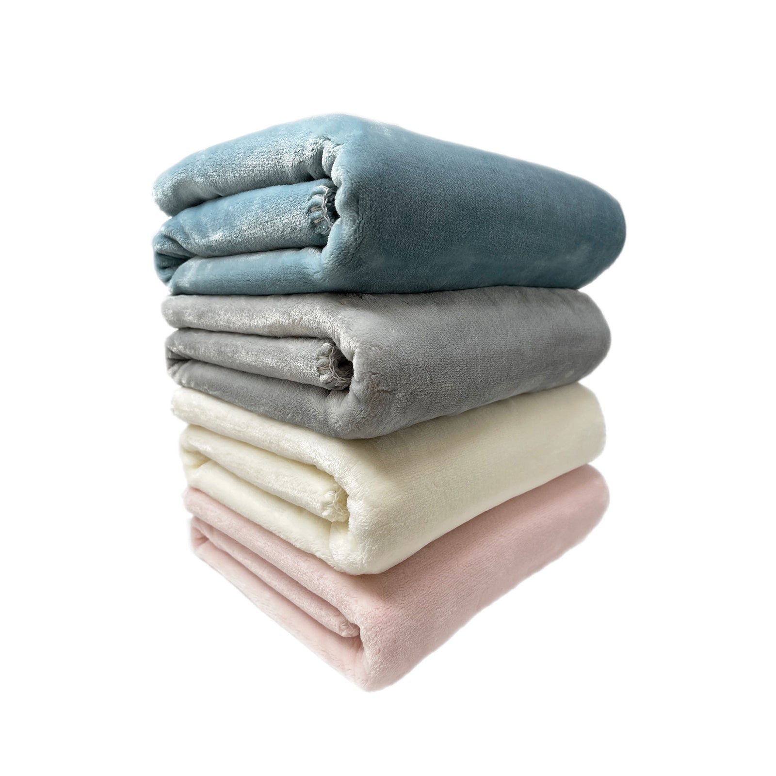 American Blanket Company - Luster Loft Fleece Whip Stitched Baby Blankets - Stack of fleece whip stitched baby blankets - light blue, gray, cream, and pink.