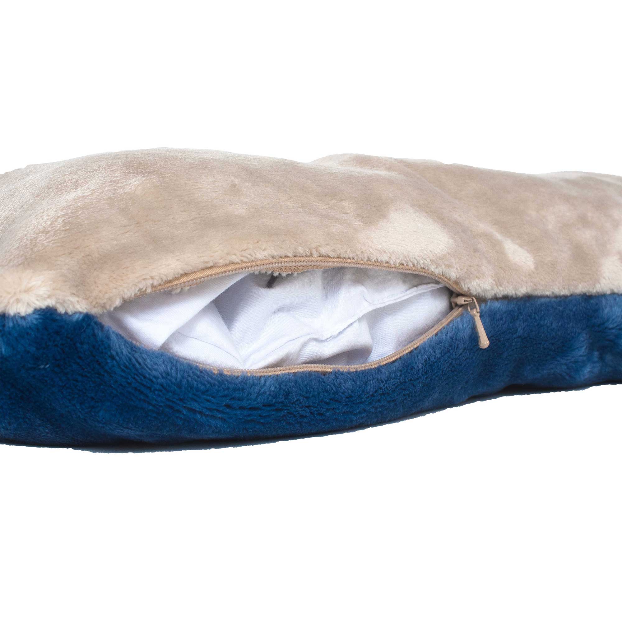 American Blanket Company - Luster Loft Fleece Pet Bed Lounger - close up of latte and atlantic blue lounger