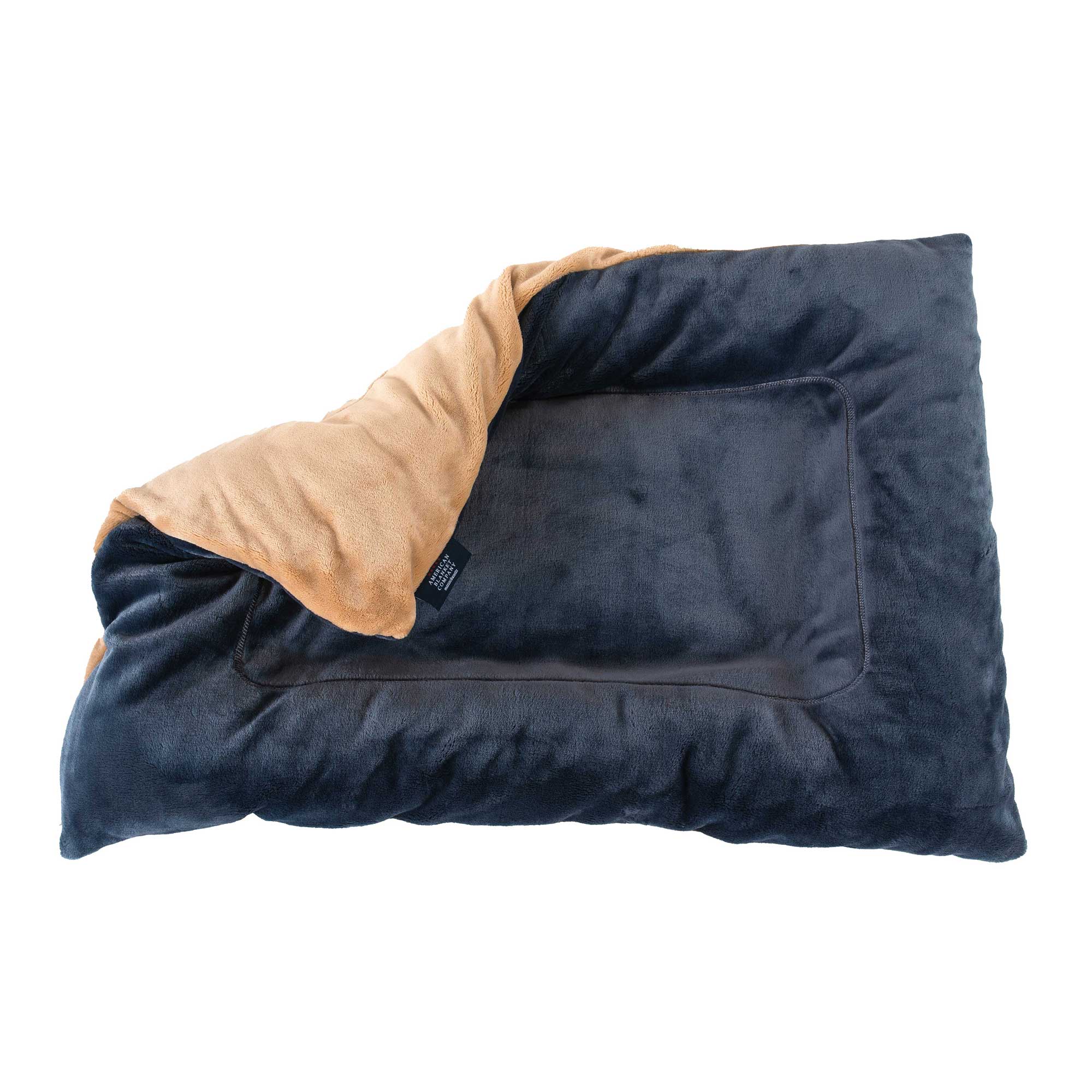American Blanket Company - Luster Loft Fleece Pet Bed Lounger - overhead shot of latte/patriot blue luster loft pet lounger